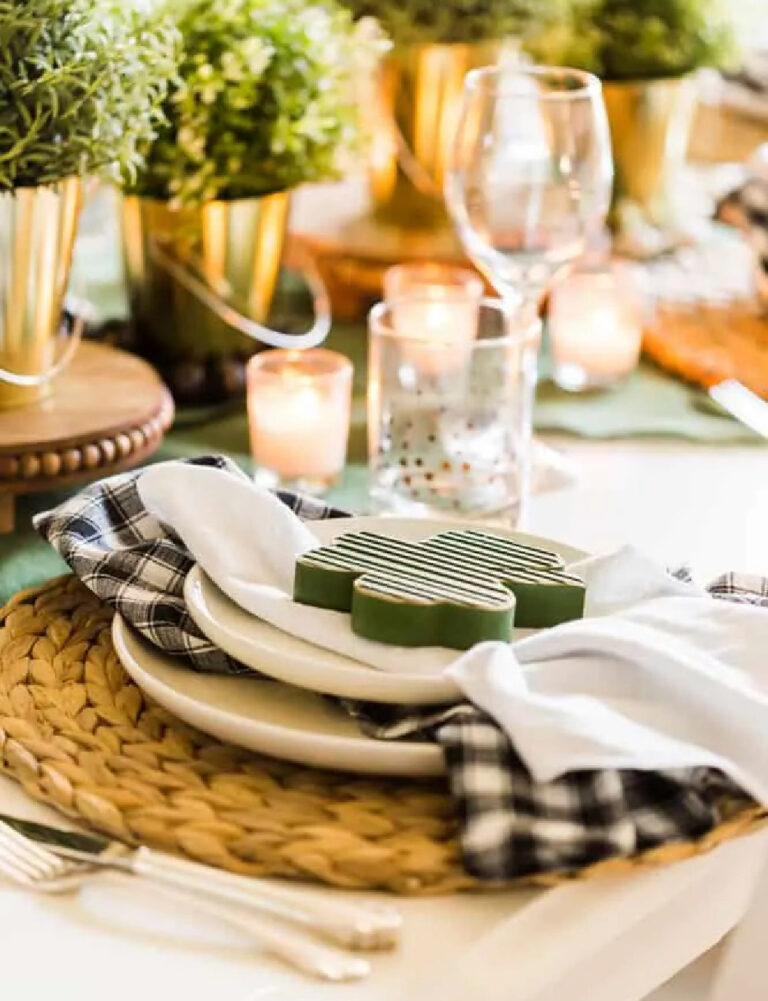St. Patrick's Day table setting with shamrocks