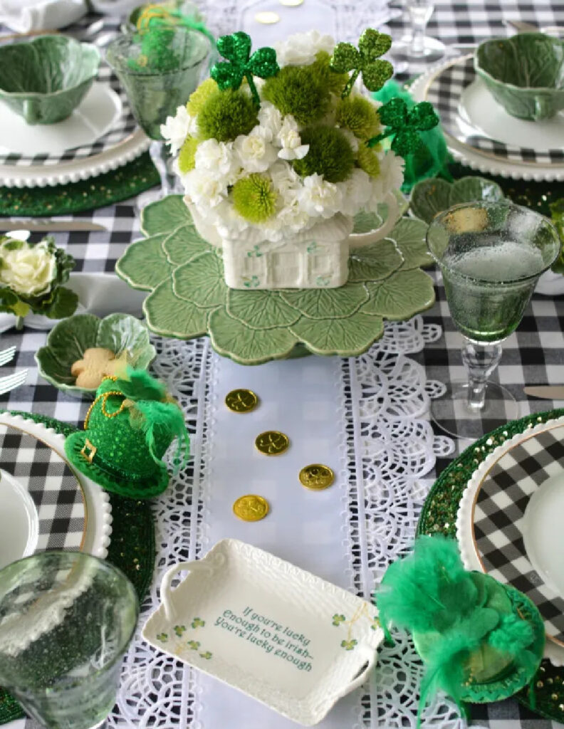 St. Patrick's Day tablescape with checks and gold