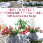 blue and white chinoiserie Easter tablescape with pink tulips and bunnies