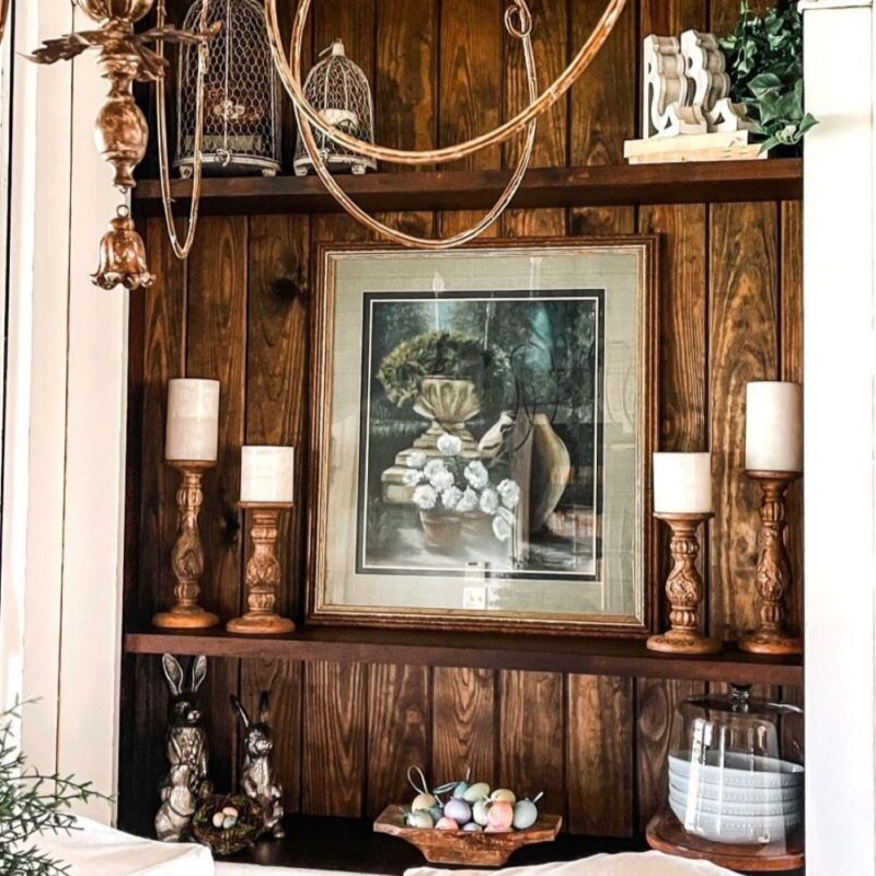 rustic Easter decor with paneled walls and candlesticks