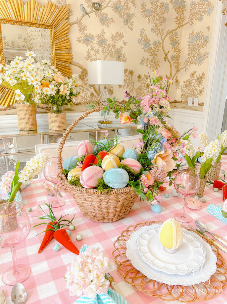 Easter tablescape basket with velvet eggs