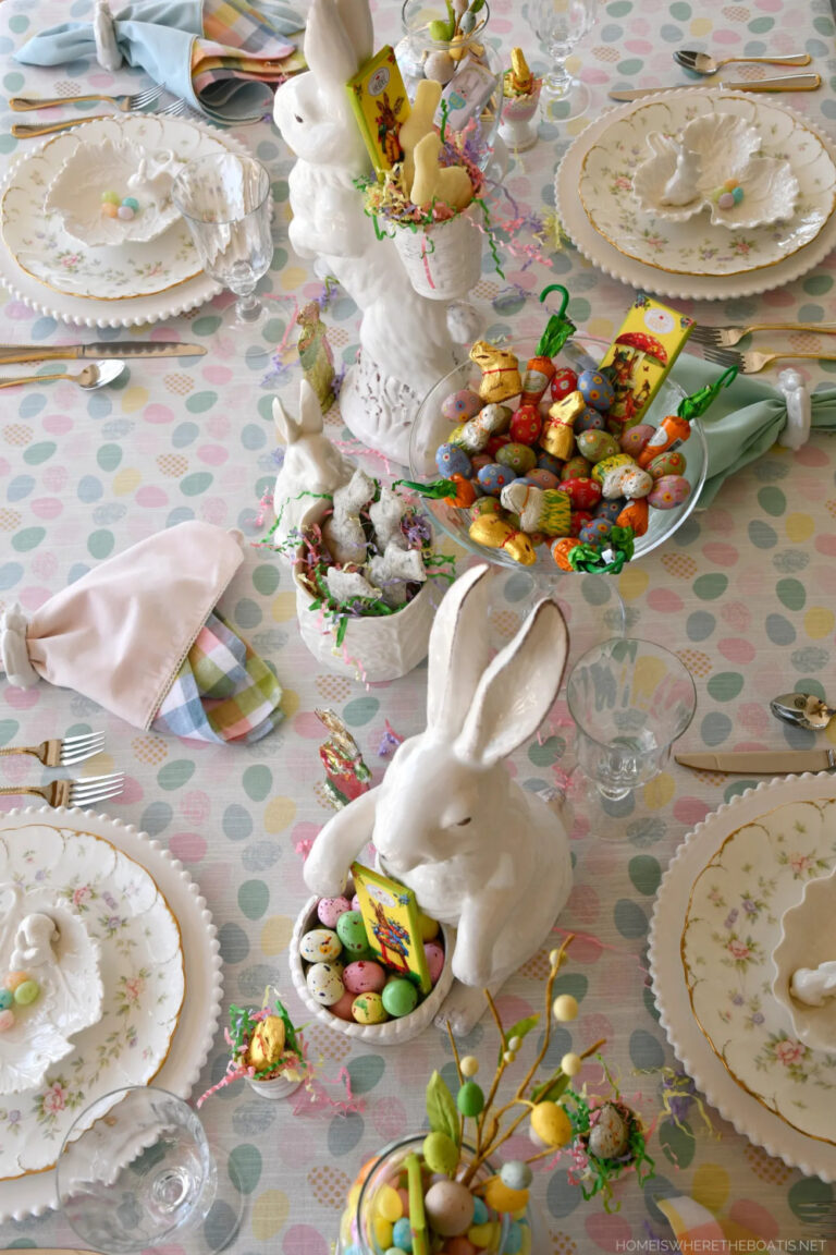white ceramic bunnies with Easter egg treats