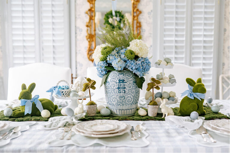 white hydrangeas in blue vase on Easter tablescape