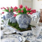 blue and white chinoiserie Easter tablescape with pink tulips and bunnies