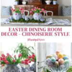 blue and white chinoiserie Easter tablescape with pink tulips and bunnies