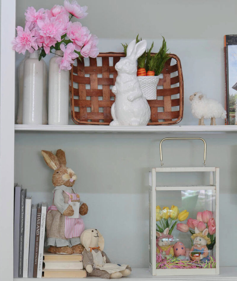 spring and Easter decorating with color on bookshelves
