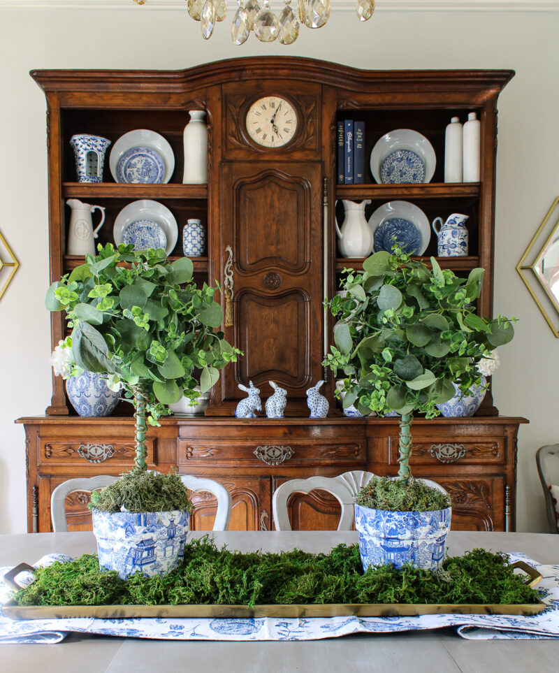 finished handmade topiary in chinoiserie planter on dining room table