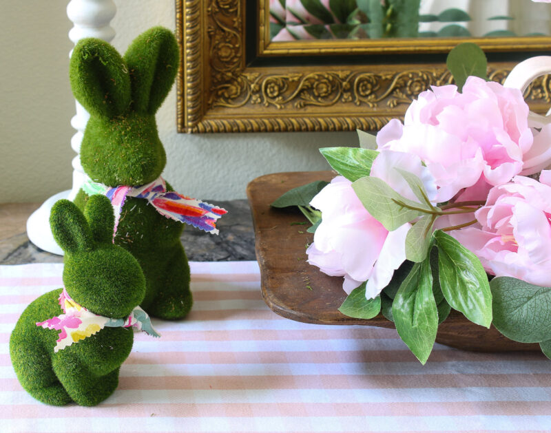 green bunnies with colorful ties and pink peonies