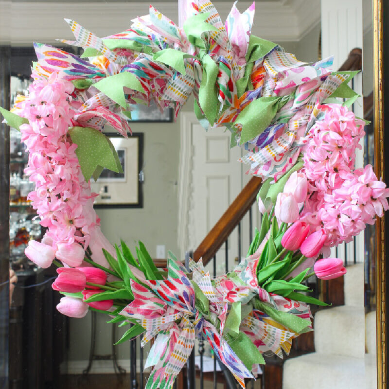 pink and greens flower and fabric spring wreath