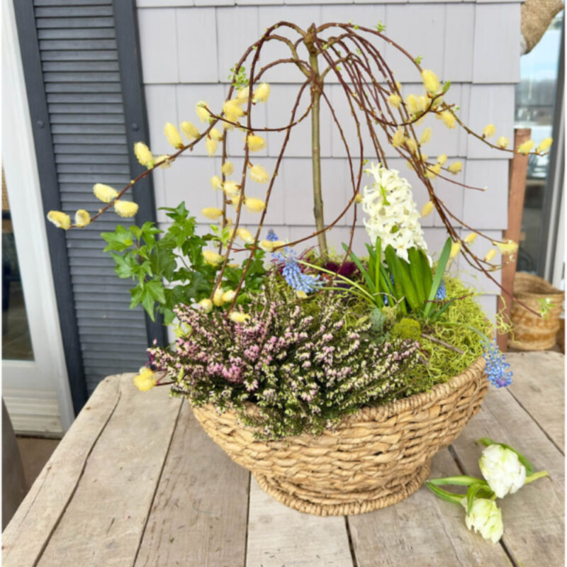 spring basket with flowers and twigs