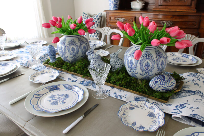 pink tulip and blue chinoiserie with pink tulips and blue dishes