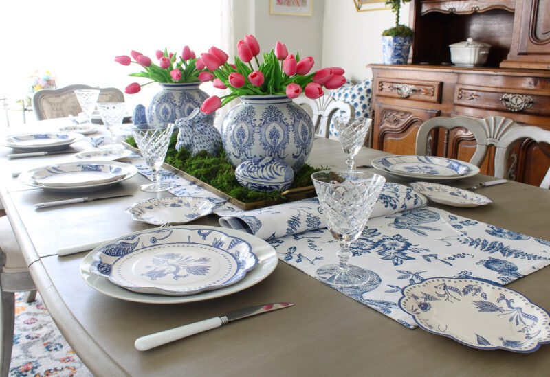 pink tulip and blue chinoiserie with pink tulips and blue dishes