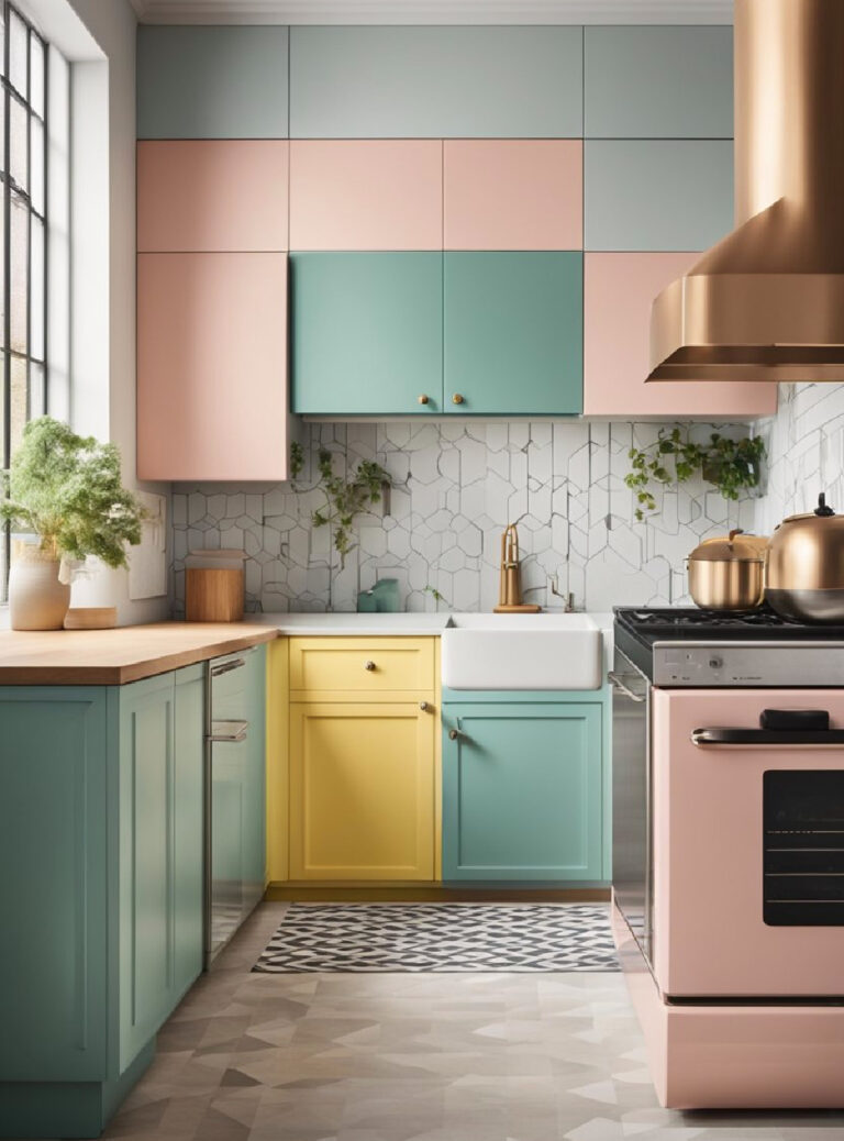 pink and blue kitchen cabinets with pop of yellow