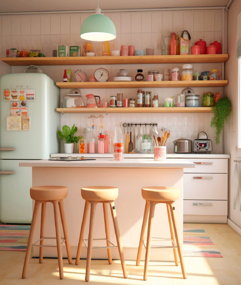 retro kitchen with pink island and bar stools