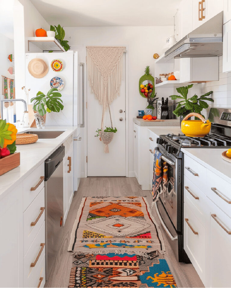 bright yellow and white boho galley kitchen