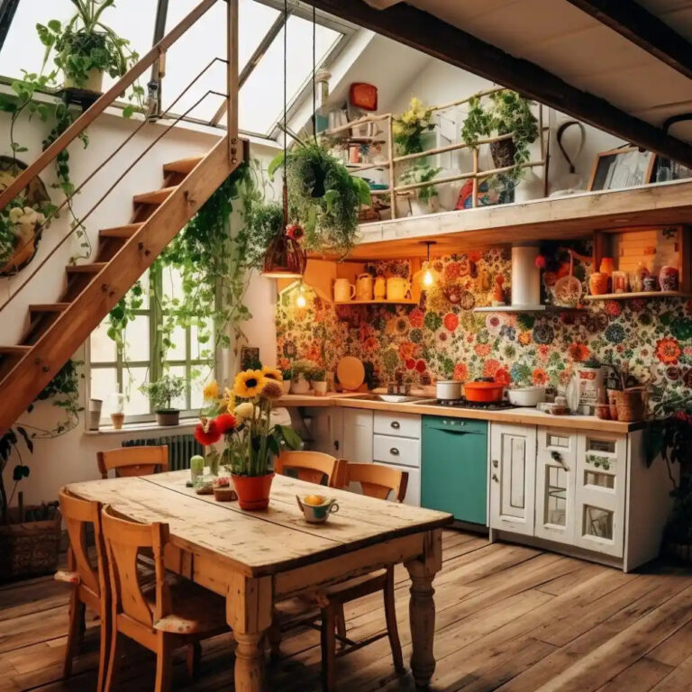 boho style kitchen with color and green plants