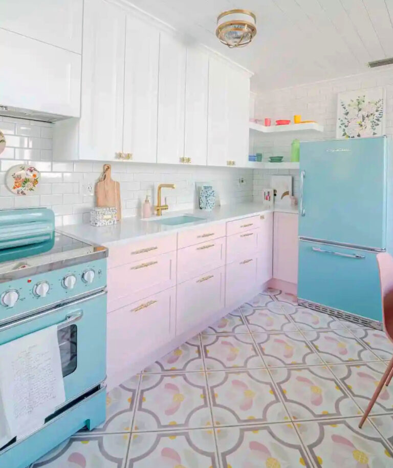 pink cabinets and aqua appliances in colorful kitchen