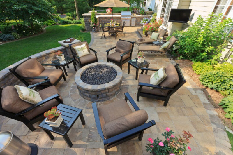 fire pit on patio with furniture