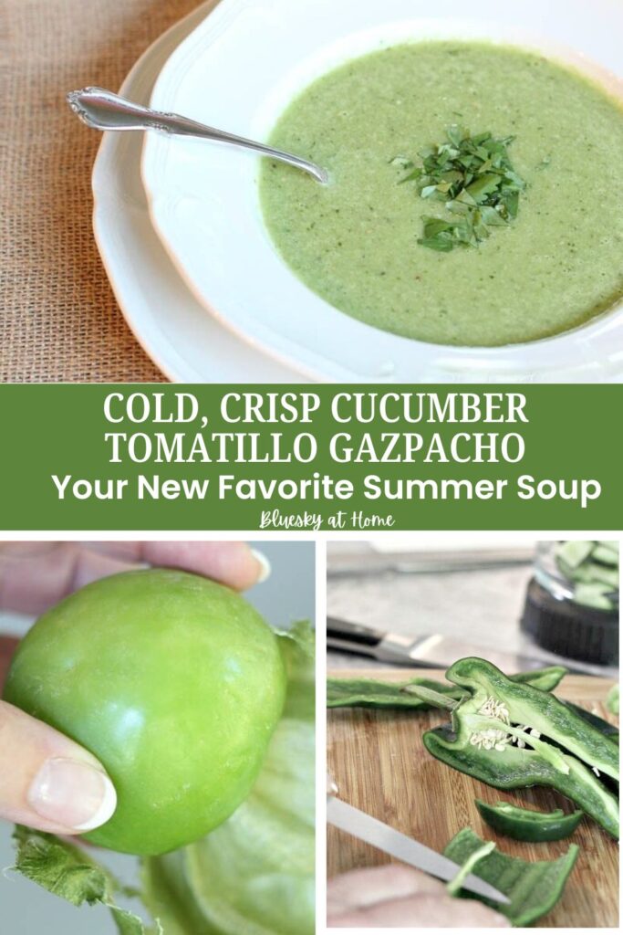 collage of cucumber tomatillo gazpacho summer soup