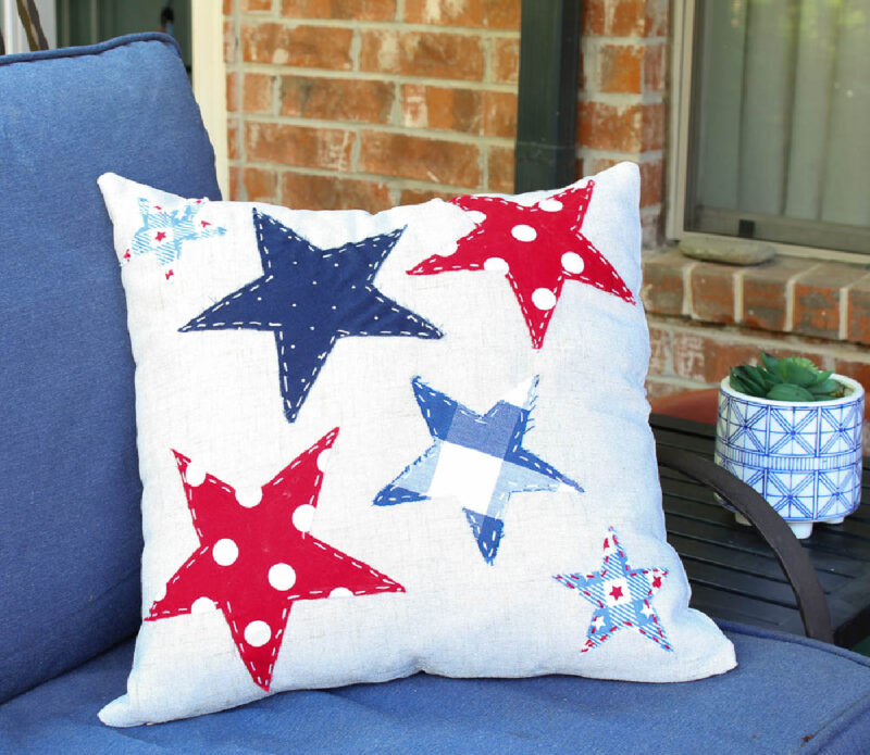 red, white, bleu starts on off-white pillow form