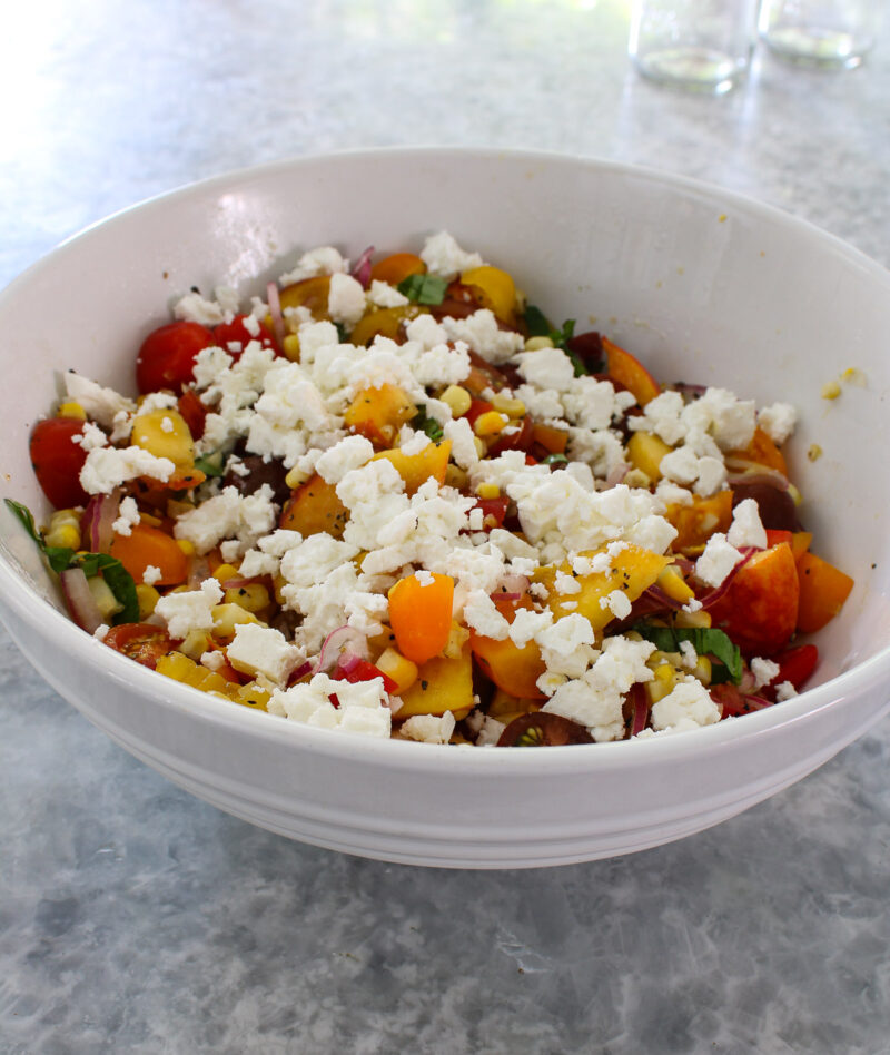 picnic summer salad topped with feta cheese