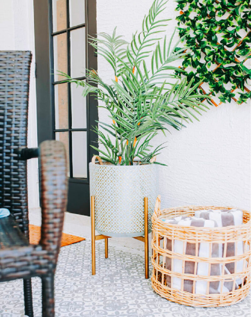 palm plant in a large planter with gold legs