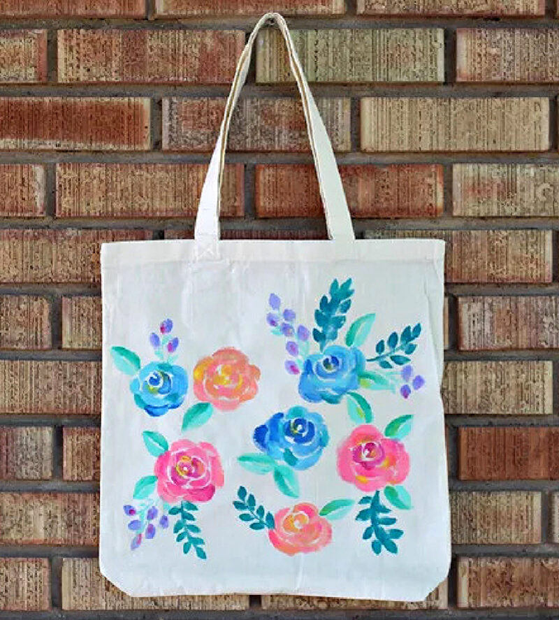 watercolor painted flower tote bag