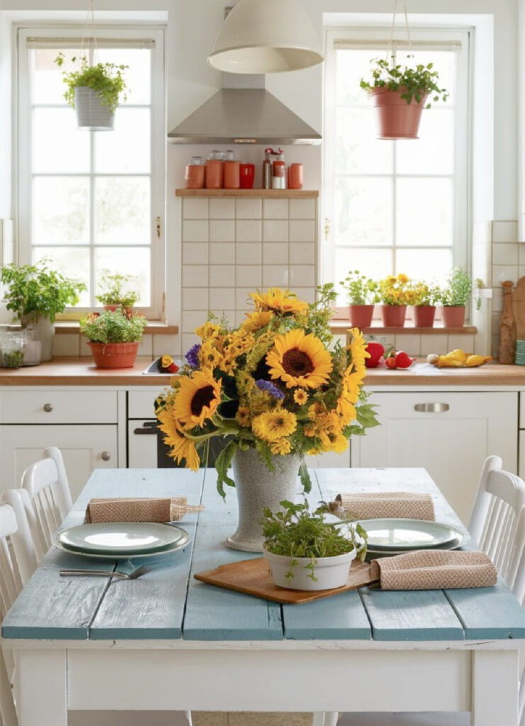 wood painted kitchen table with a white vase of sunflowers