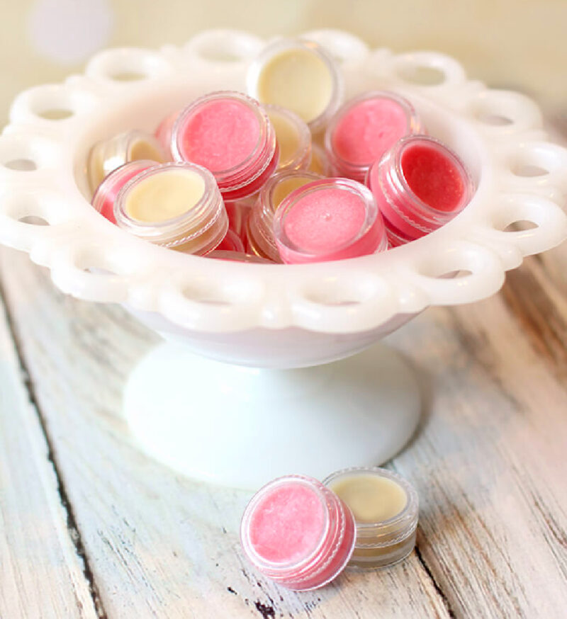 pink lip balm in white bowl