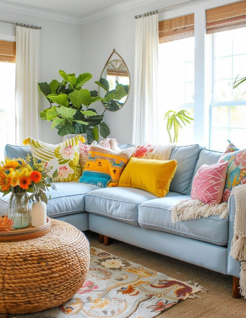 living room with pale blue sofa and colorful pillows in front of a large bright window and a large green plant