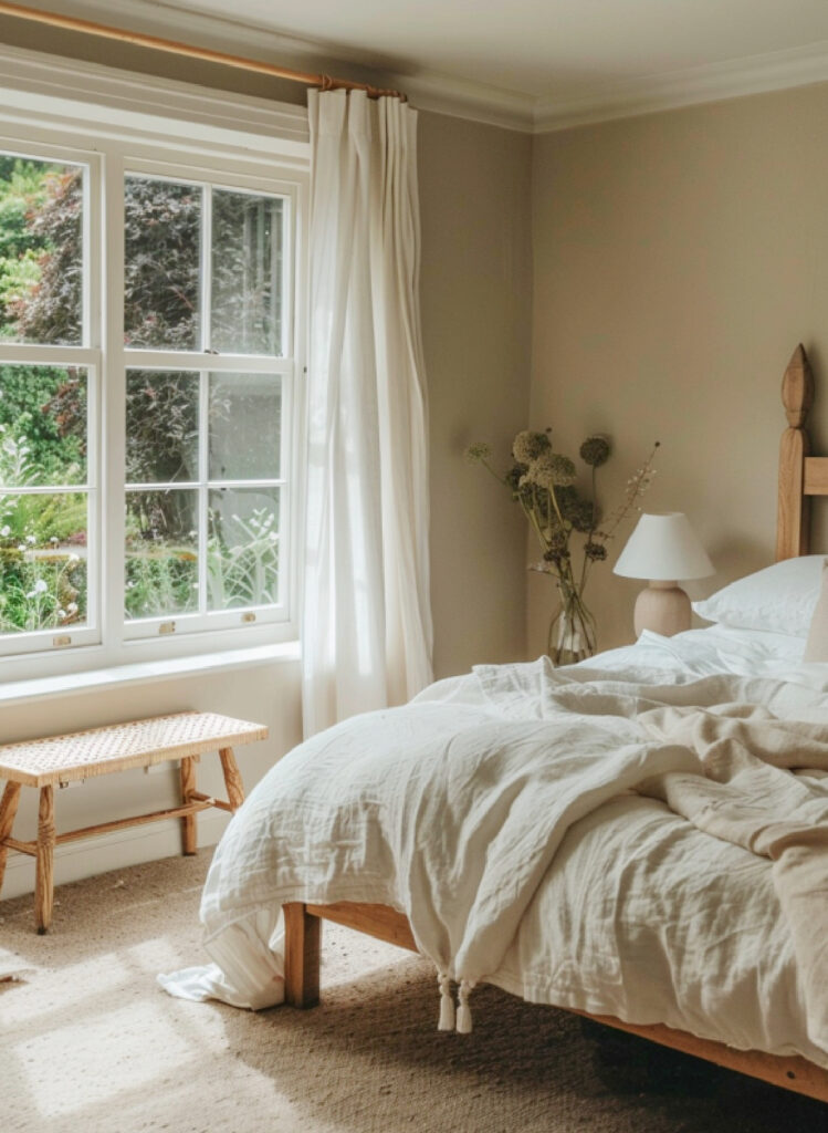 bedroom window white cotton curtains and an unmade bed with a neutral duvet and pillows on  a beige carpet