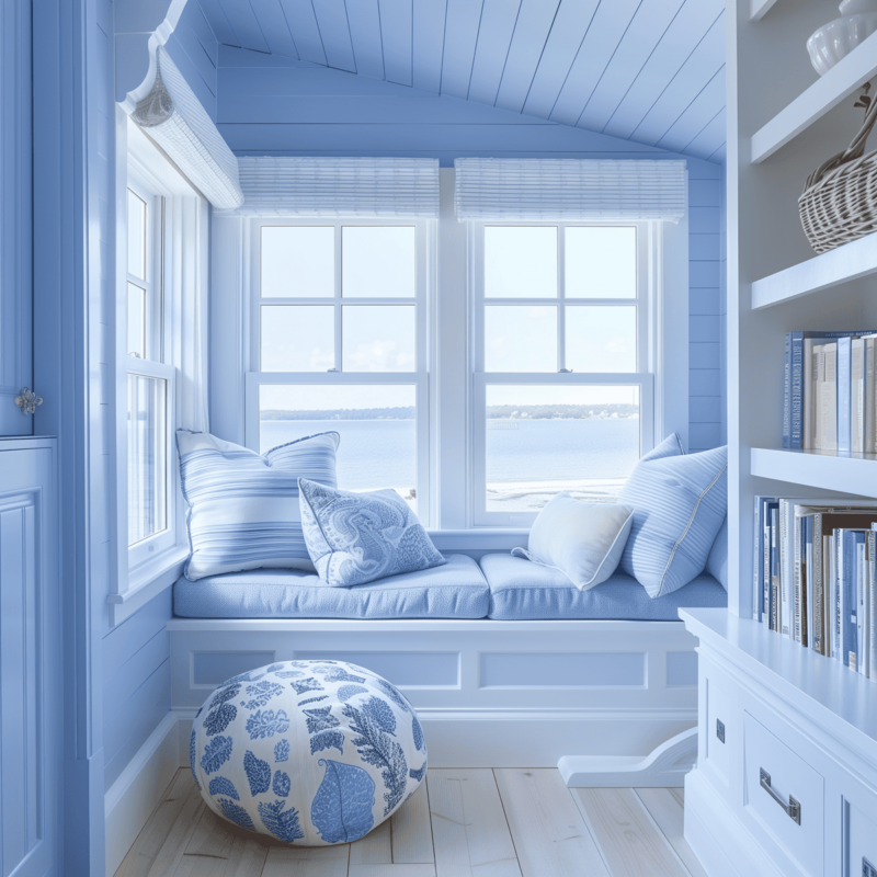 blue and white window seat with pale blue cushions and stripe pillows and a bookcase on the side