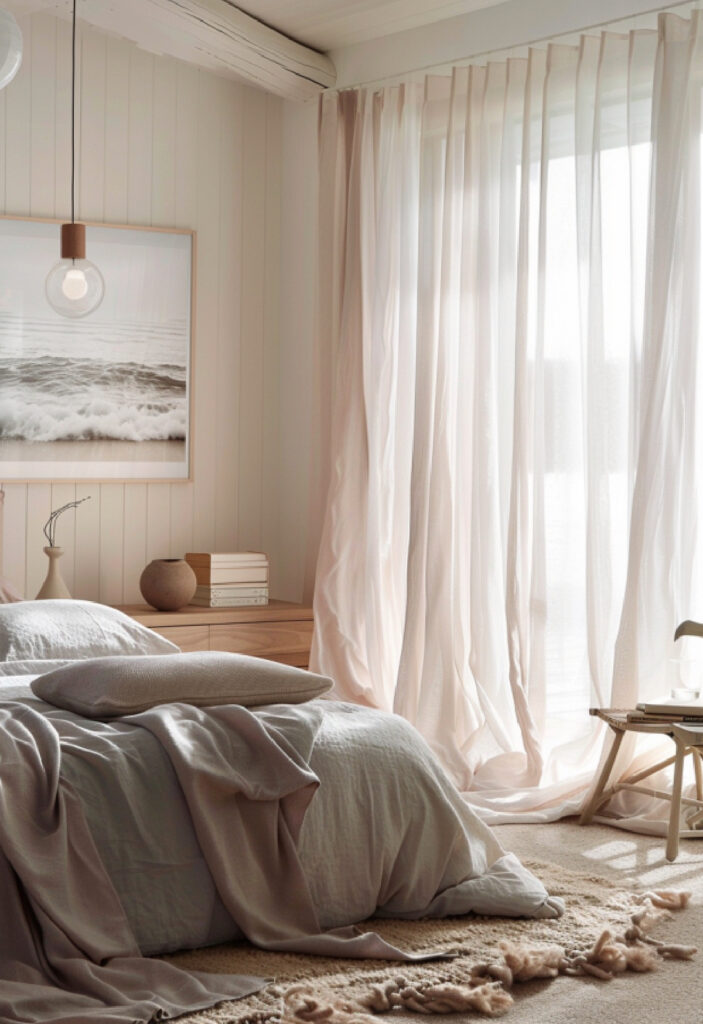 bedroom with billowing white cotton curtains and an unmade bed with a neutral duvet and pillows on  a beige rug with fringe