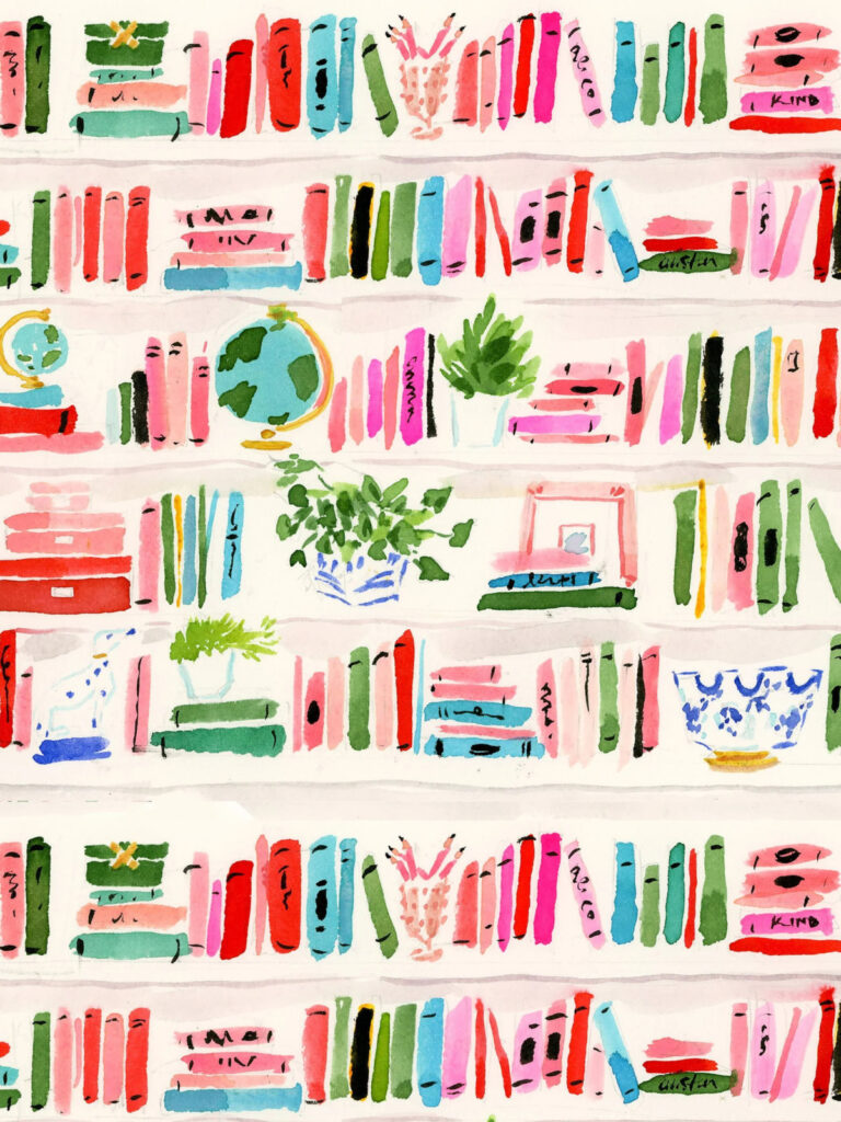 drawing of a bookcase with books, planters, bowls, globe in shades of pink, blue, and green