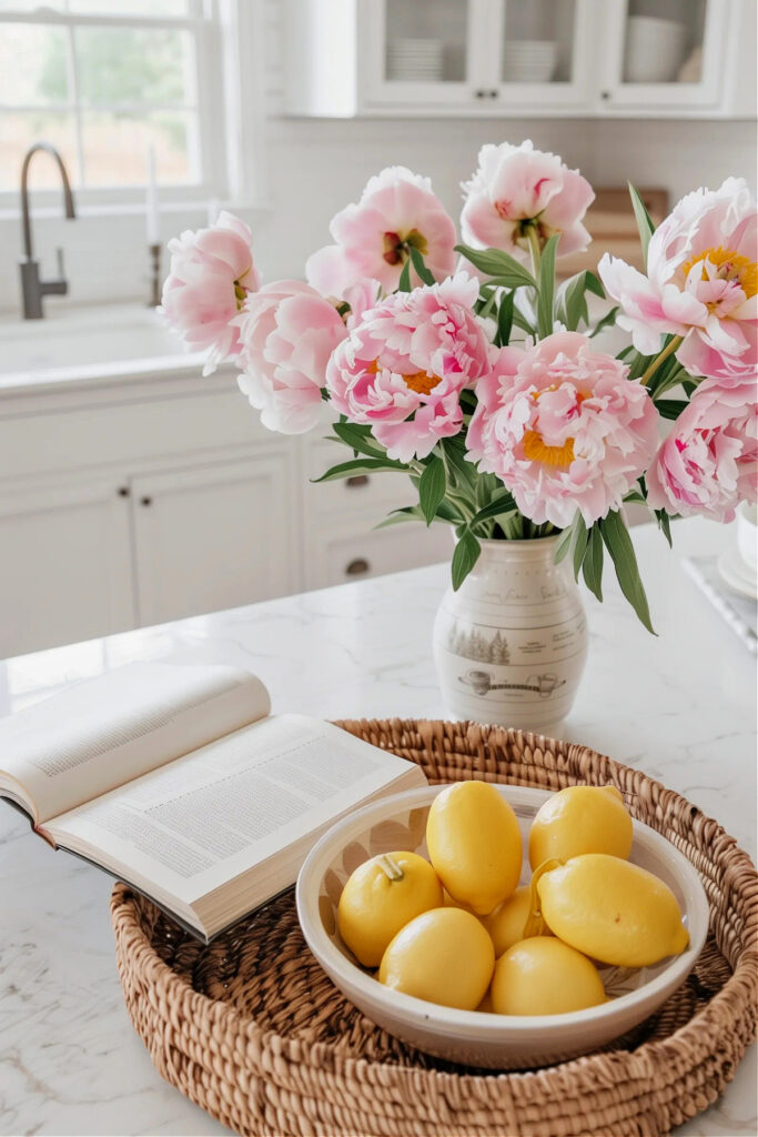 white vase of pink peonies with a tray holding a book and a bowl of yellow lemons on a kitchen counter