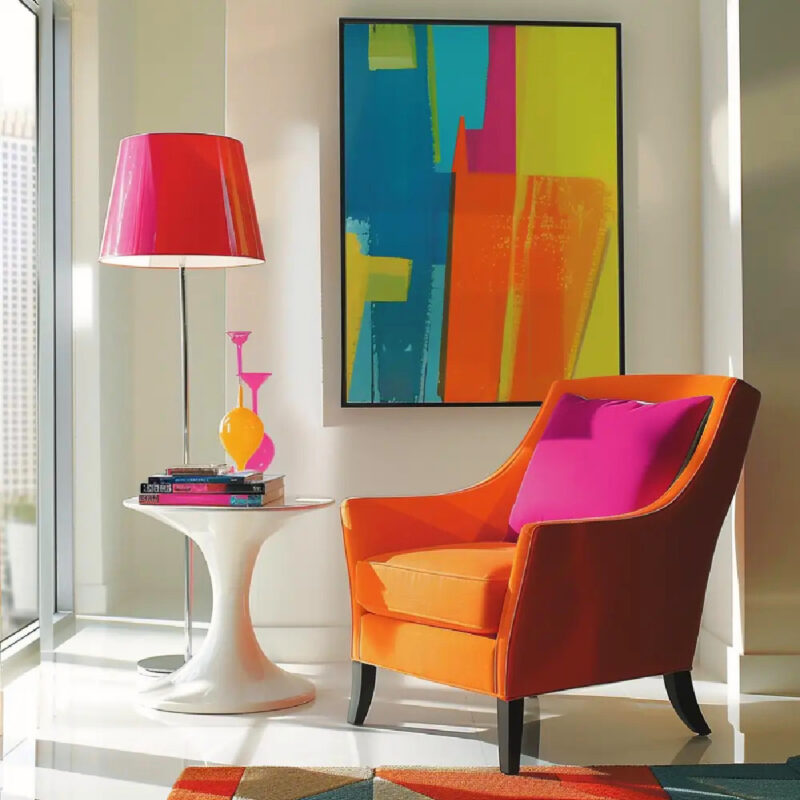 reading nook in facing a large window with an orange chair, a white table and a pink floor lamp with a large colorful abstract painting on the wall