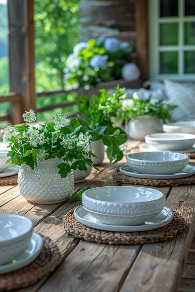 rustic summer tablescape with white dishes on a wood table.