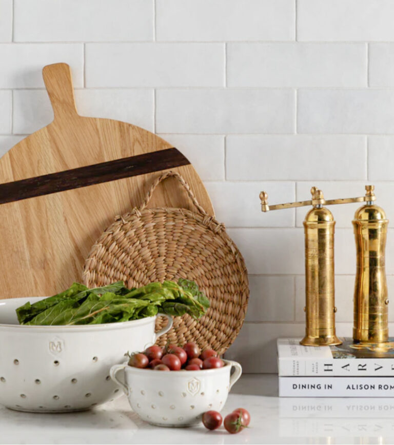 round wood cutting board and woven tray