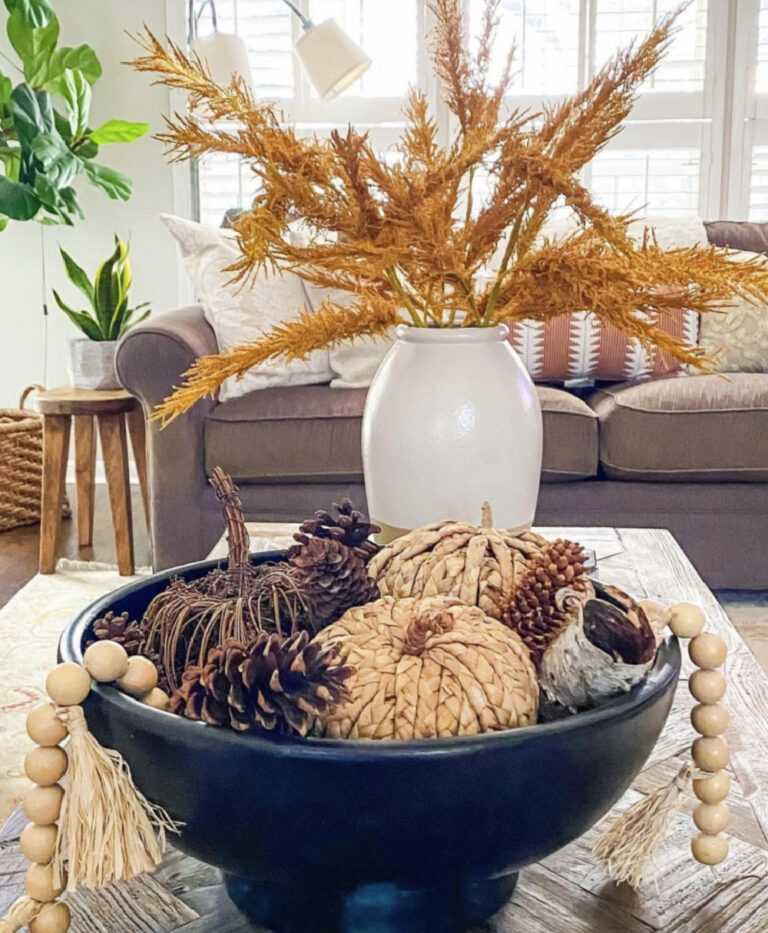 woven pumpkins and fall decor