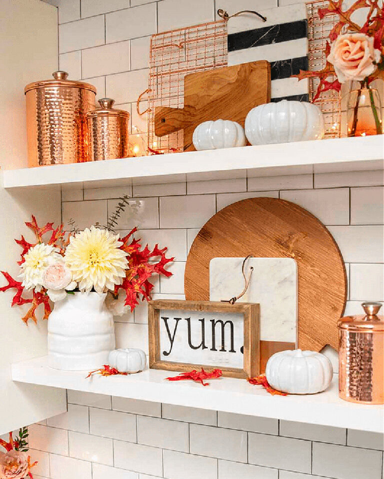 fall decor with copper and wood