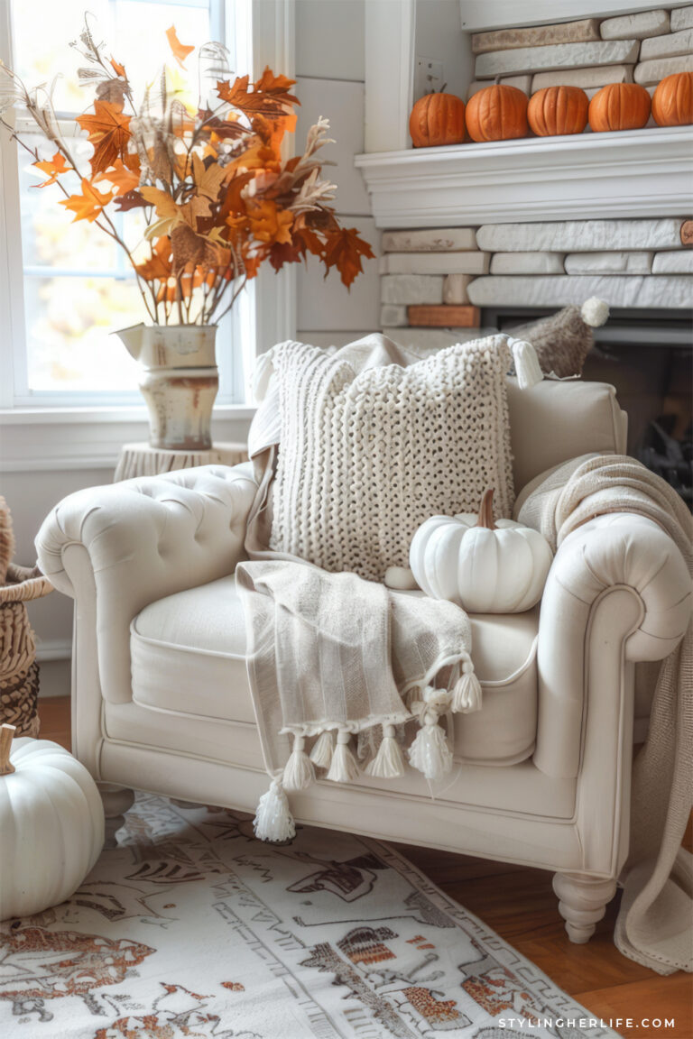 off-white chair and throw for fall decor