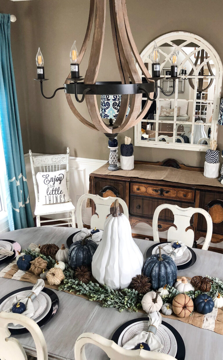 fall table with DIY navy pumpkins