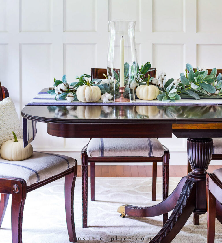 formal dining table with lambs' ear greenery