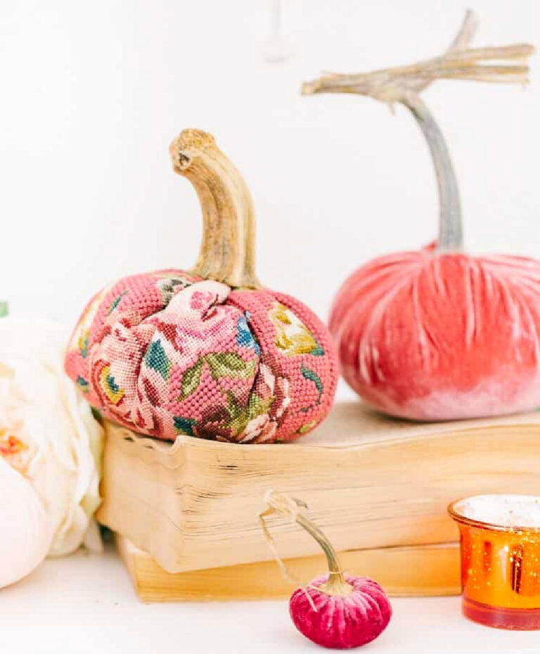 pink velvet and patterned fabric DIY pumpkins