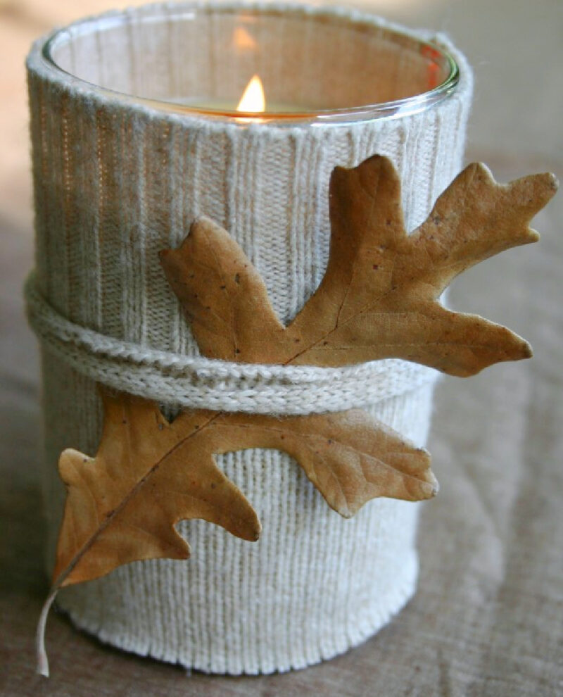 fall candle with sweater wrapper and leaf 