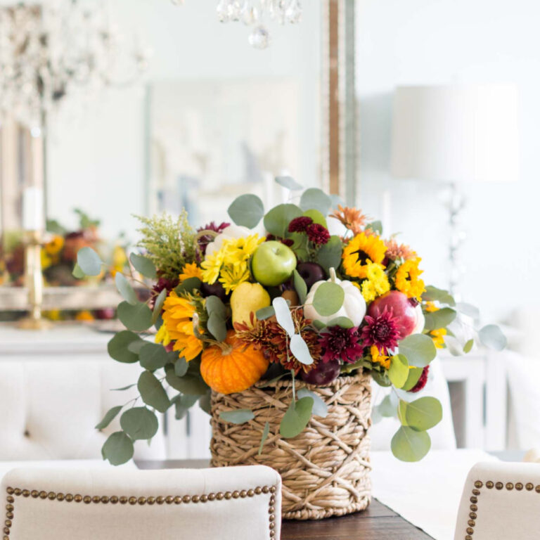 best fall centerpieces with florals in a round wicker container