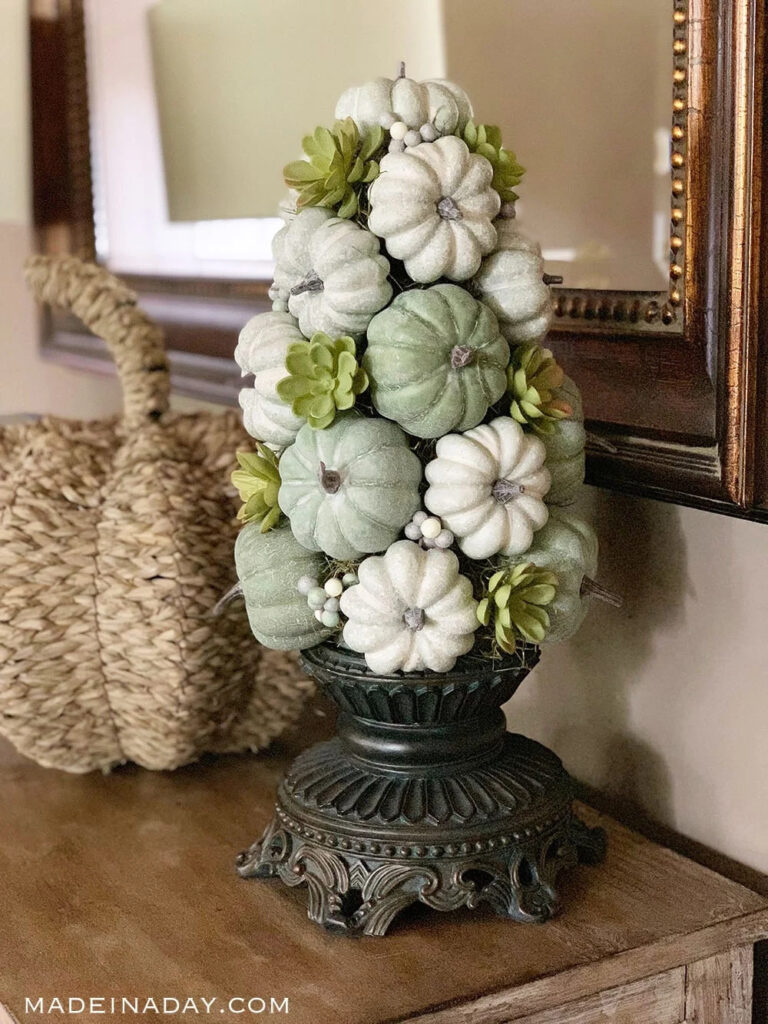 best fall centerpieces with green pumpkin topiary