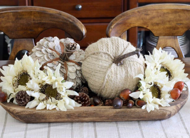 white pumpkins and florals in wood tray for fall centerpiece