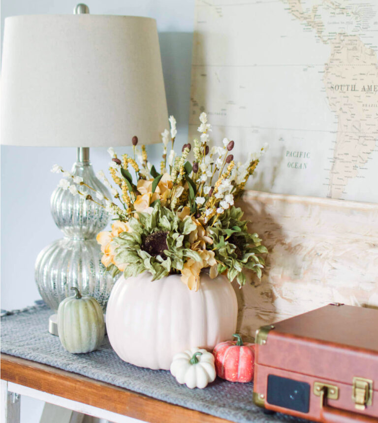 best fall centerpieces with white pumpkin and florals