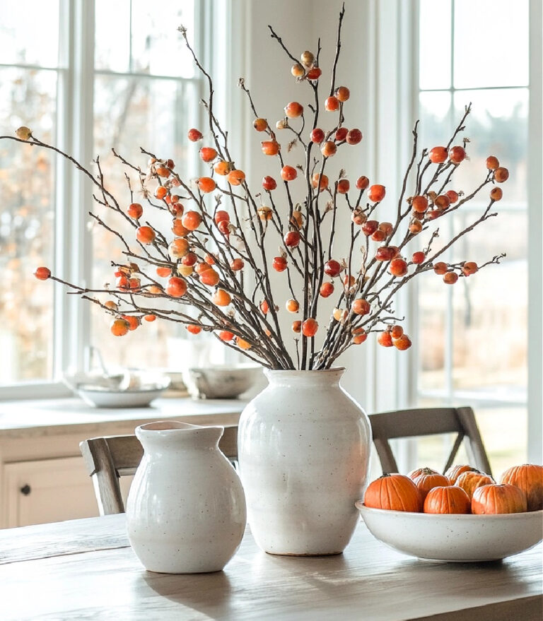 white vase with orange berries on stems